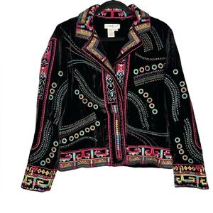 Coldwater Creek Black Velvet Jacket Colorful Embroidery Boho Southwestern Small